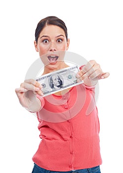 Winner, wow and money with portrait of woman for investment, success and growth. Cash, dollar and sale with face of girl
