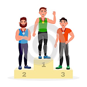 Winners with Golden, Silver and Bronze Medals cartoon characters vector flat illustration isolated on white background. Men in goo