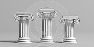 Winners pedestal. Three marble ionic columns on grey background. 3d illustration