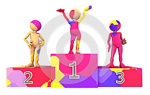 Winners podium in colors with 3D figures isolated on white background