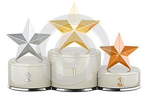 Winners Podium with golden star, silver star and bronze star. 3D rendering