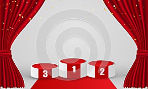 Winners podium h Red curtain background. Grand opening event design