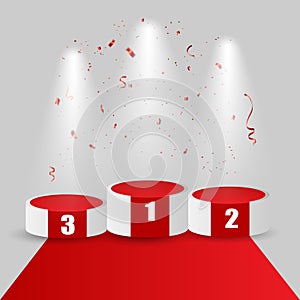 Winners podium with red carpet and confetti. Stage for awards ceremony. Pedestal. Spotlight. 3D. Vector illustration.