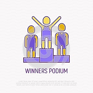 Winners podium thin line icon. Champion with raised hands. Modern vector illustration