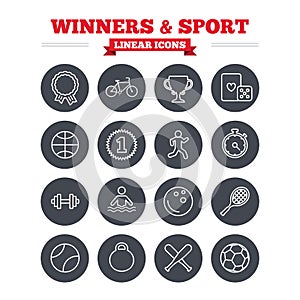 Winners and sport linear icons set. Thin outline