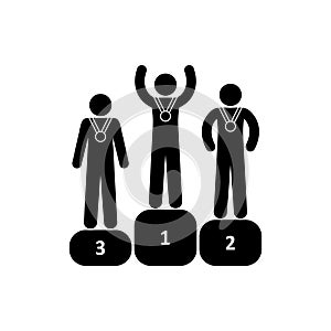 Winners stand on the podium, stick figure man pictogram, isolated people