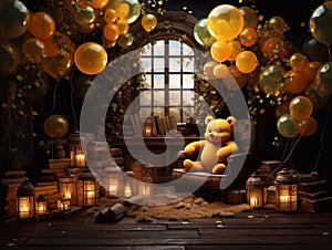 Winnie the Pooh with yellow balloons and lanterns on a dark background