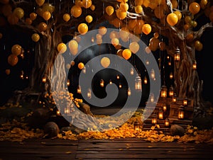 Winnie the Pooh with yellow balloons and lanterns on a dark background