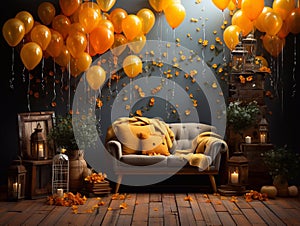 Winnie the Pooh with yellow balloons and lanterns on a dark background