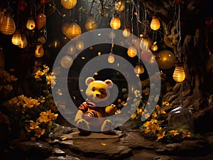 Winnie the Pooh with yellow balloons and lanterns on a dark background