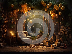 Winnie the Pooh with yellow balloons and lanterns on a dark background