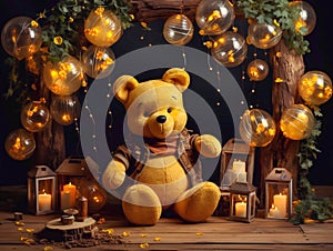 Winnie the Pooh with yellow balloons and lanterns on a dark background