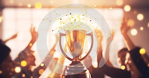 Winning Business Team Gold Trophy Blur Background