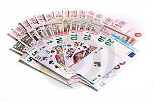 The winning combination in poker, us dollars, euros, rubles are isolated on a white background. Games of chance.