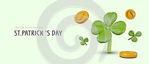 Winning concept for St. Patrick Day. Four leaf clover, falling coins. Big win, prize, success