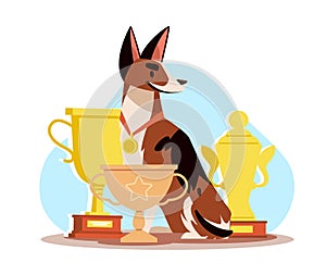 Winning dog with medal and cups. Animal competition. Competition reward. Purebred pet. Friendly happy character, gold