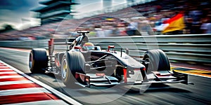 Winning Formula One car passing the finish line, with cheering crowd in blurred background. AI generated