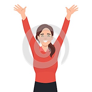 Winning gesture of happy confident woman expressing positive emotion. Successful smiling female character showing strength with