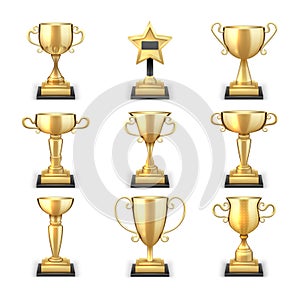 Winning golden trophy cups and sports awards vector collection isolated on white background