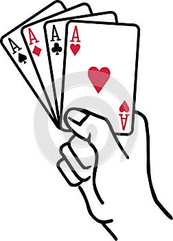 Winning hand with four aces playing cards