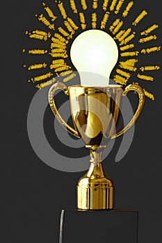Winning Idea with a gright radiant lightbulb and gold trophy