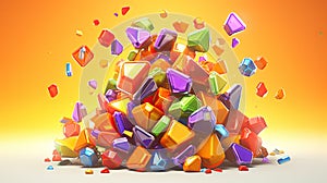 winning, jackpot, colorful candy and gems explosion, orange background, Icon Design, glossy finish