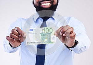 Winning money, hands or black man happy for lotto award, competition prize fund or cash dollar win. Salary, studio