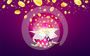 Winning money vector illustration. Casino online betting win. Gambling background. Gift box with coins explosion out