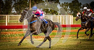 Winning racehorse and female jockey at Trangie NSW Australia