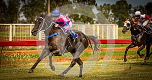 Winning racehorse and female jockey at Trangie NSW Australia photo