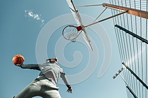 Low angle of a basketball player jumping photo