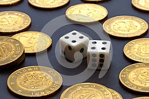 Winnings with dice and gold coins illustrating victory on a black surface