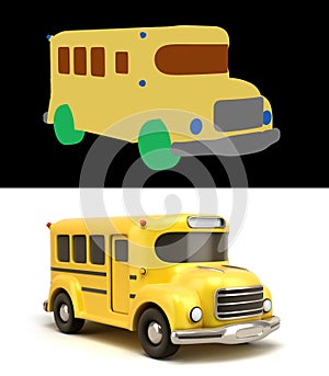 Wintage toon yellow school bus 3d illustration on white with alpha
