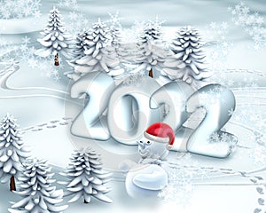 Winter 2022 landscape pines and snowman