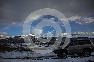 Winter and 4x4 car in La Cerdanya, Pyrenees, Spain