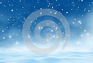 Winter abstract background with snow. Merry Christmas and happy New Year greeting card with copy-space