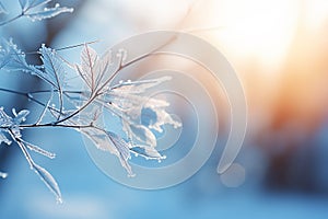 Winter abstract minimal background with branches and leaves covered with snow and copy space.