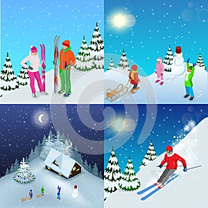 Winter active holidays concept. Family healthy lifestyle Mountain skiers and playing children. elements. Winter