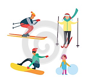 Winter Active People Wintertime Hobbies Set Vector