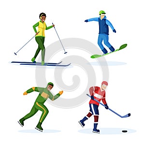 Winter activities flat vector illustrations set. Woman skiing, men skating, snowboarding and playing hockey, doing