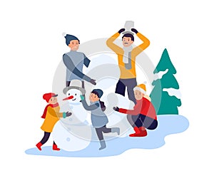Winter activities. Happy family making snowman. Parents with children spending time in snowy park, recreation