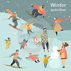 Winter activities set with people skiing, skating, snowboarding and children making snowmen and playing snowballs.