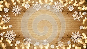 Winter / Advent / Christmas / holiday Background template - Frame made of ice crystals and sparkles bokeh lights on brown wooden