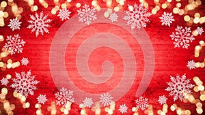 Winter / Advent / Christmas / holiday Background template - Frame made of ice crystals and sparkles bokeh lights on red wooden