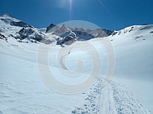 Winter adventure skitouring in stubaier alpes mountains