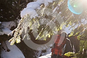 Winter adventures. Hike in the forest. Carpathians. Ukraine.