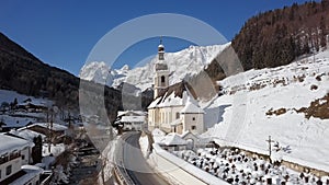 Winter aerial of church in Ramsau, Berchtesgaden, Germany