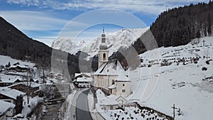 Winter aerial of church in Ramsau, Berchtesgaden, Germany