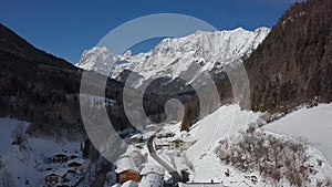 Winter aerial of church in Ramsau, Berchtesgaden, Germany