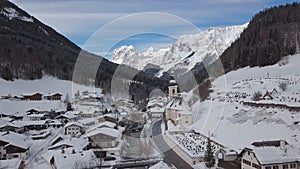 Winter aerial of church in Ramsau, Berchtesgaden, Germany